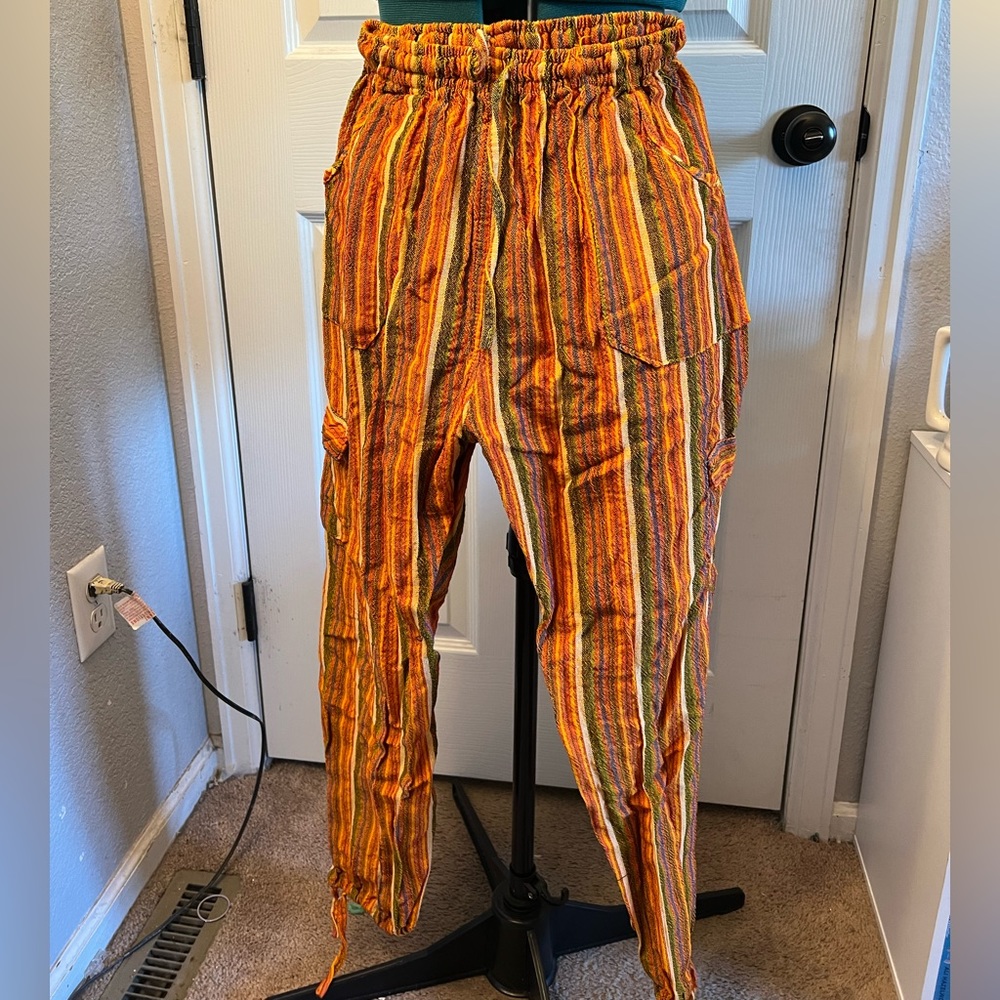 Vertical striped, flow pants in orange and blue/green